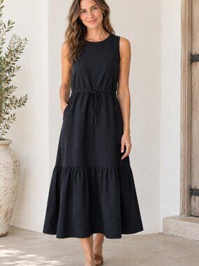 Saint + Sofia Black Organic Cotton Eyelet Back Tiered Midi Dress Size 4